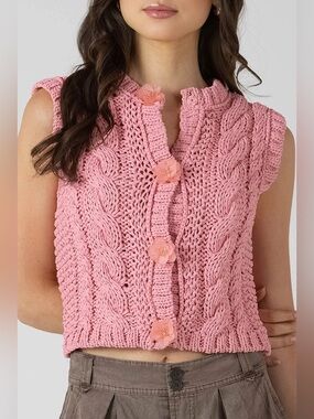 Zara Pink Cable Knit Floral Button Sweater Vest Top Size M
